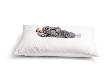 Mature man in a bathrobe sleeping on a giant pillow - obrazy, fototapety, plakaty