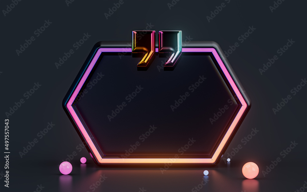 Poster quote box frame with neon light background empty space blogging template 3d render concept