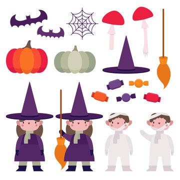 Huge Vector Collection of Halloween characters and elements: witch and mummy, sweets and candies, mushrooms, bats, spider web, broomstick and witch hat. Isolated autumn set on a white background.