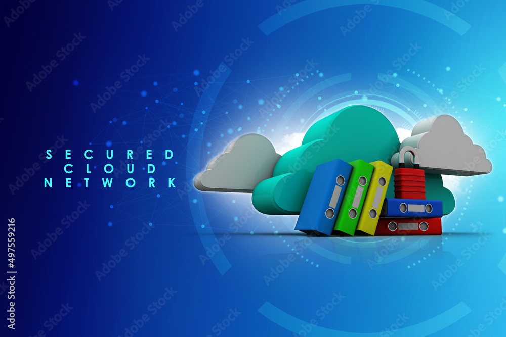 Poster 3d rendering office document binder in cloud with lock