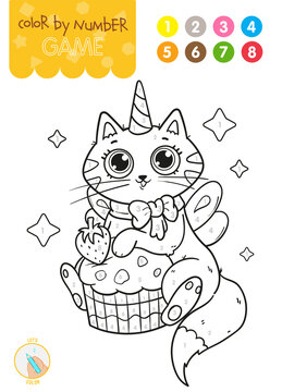 Color by number. Educational game for children. Cute cartoon cat unicorn with a cake.