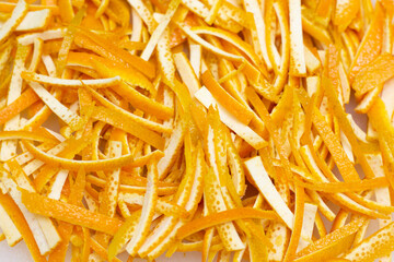 Orange peel finely chopped. close plan. Preparation for orange jam. Orange confiture.