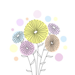 five color daisies drawn with a line on a white background. Vector bouquet of flowers.