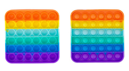 Square pop it. Multicolored rainbow pop it. Pop it on both sides. White background. Isolate. A popular toy for children and adults. Anti-stress toy.