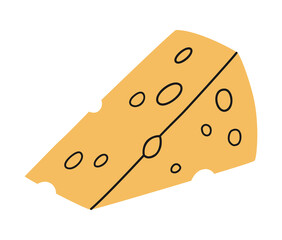 Hand drawn cute cartoon illustration piece of cheese. Flat vector slice of cheddar or parmesan sticker in simple colored doodle style. Food, dairy product icon or print. Isolated.