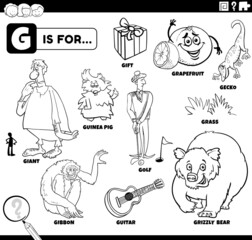 letter g words educational set coloring book page