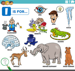 letter i words educational set with cartoon characters - obrazy, fototapety, plakaty