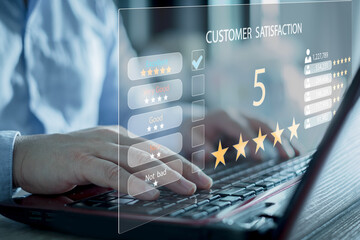 Customer review satisfaction feedback survey concept, User give rating to service experience on online application, Customer can evaluate quality of service leading to reputation ranking of business.
 - obrazy, fototapety, plakaty