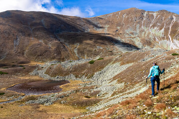 Naklejka premium Woman with backpack and view on Haemerkogel in the Lower Tauern mountain range, Styria, Austria, Europe. Sunny autumn day in Seckau Alps. Scenic hiking trail to Seckauer Zinken on dry, bare terrain