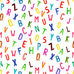 seamless pattern with watercolor alphabet letters. multicolored letters of the alphabet in a chaotic order for school design.