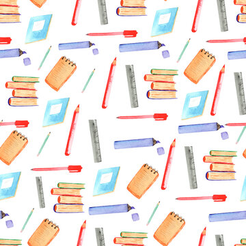 seamless pattern with watercolor stationery, books, pencils, markers and notebooks in watercolor drawn style