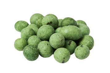 Pile of nuts with green wasabi glaze on white background isolated on white background with clipping path