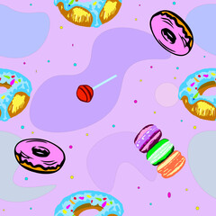 Sweet summer seamless pattern with donuts, lollypop and macarons illustrations
