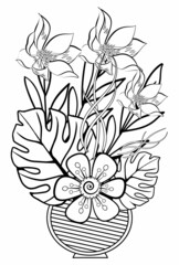 Summer bouquet of beautiful garden flowers in a vase, black and white vector cartoon picture for a coloring book page