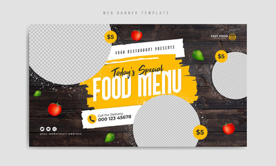 Food menu and restaurant social media marketing web banner template. Healthy fast food business website background. Pizza and burger online sale promotion flyer with logo & icon. Food video thumbnail.