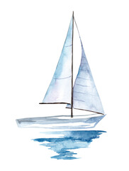 Sailing boat on the surface of the water. Watercolor illustration. Yacht
