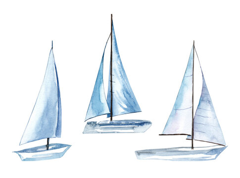 Sailing boat on the surface of the water. Set of watercolor illustrations. Yacht
