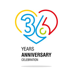 36 years anniversary celebration decoration colorful number bounded by a loving heart modern love line design logo icon white background - obrazy, fototapety, plakaty