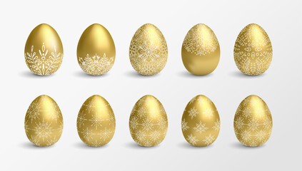 Set of golden vector Easter eggs with white floral decoration
