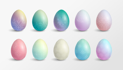 Set of modern pastel gradient colored Easter eggs with floral decoration. Isolated vector design.