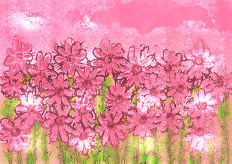 Pink field of flowers illustration, handpainted floral image,