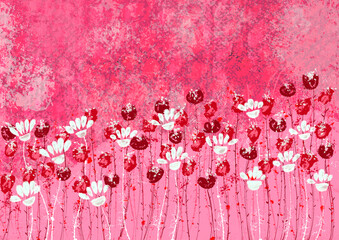red, pink and white field of flowers illustration, handpainted floral image