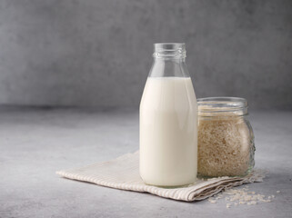 Vegan rice milk with rice grains on a gray concrete background. Copy space. Non dairy alternative milk. The concept of healthy vegetarian food and drinks. Diet healthy concept. Gluten-free breakfast.