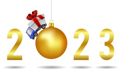 Delivery truck with gift box and christmas ball
