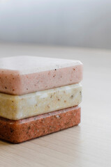 Decorative artificial stone in samples. samples of artificial stone. Finishing material, interior renovation. Vertical photography.