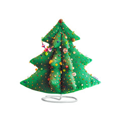 Christmas tree made of fabric, beads and buttons isolated on white background. Handmade christmas toy, winter craft. Creative christmas concept