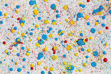 Blue,  yellow and red paint drops on white canvas. Ukrainian flag with blood concept .