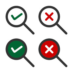 Searchs  green check mark and red cross icon.  Magnifying glass symbol. Sign app button vector.