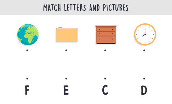 Match letters and pictures game concept for kids flat vector illustration.