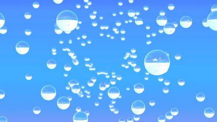 3d bubbles abstract background. Transparent glass spheres or drops on a colored blue background. Cosmetics, holiday, concept.