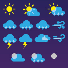 Collection of flat vector weather icons: sunny day, cloudy day, cloudy night, mainly cloudy, rain, sun with rain, rain with snow, snow, wind, cold wind, thunderstorm, thunderstorm and rain, moon