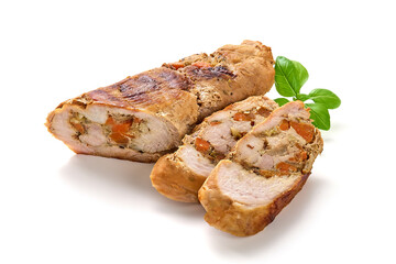 Stuffed baked meatloaf, isolated on white background.