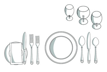 Hand-drawn Cutlery set with Plates, spoon, fork, knife, glass, cup on the table in American European style vector illustrations