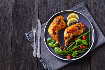 juicy roast chicken legs with green beans salad