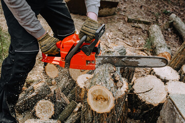Lumberjack man, professional saws logs holding a chainsaw in his hand, trees at the workplace in the forest.