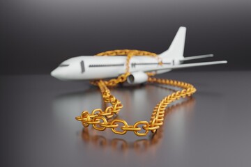 The concept of sanctions on airlines and airplanes, the closure of airspace over countries for Russia, an aircraft wrapped in  gold chains with a blur and bokeh effect, 3d rendering