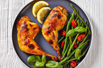 juicy roast chicken legs with green beans salad