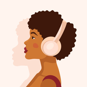 recommend clip art: Vector portrait of dark skinned girl in big headphones listening to music