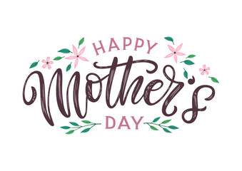 Naklejka na ściany i meble Happy Mother's day festive lettering poster decorated by cute hand drawn leaves and flowers. Mothers day vector concept as template for card, postcard, poster, banner, label, tag