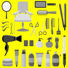 Grey hair styling tools kit set isolated on yellow background. Flat style accessories, shampoo, comb, hair curler, hairdryer, hair straightener, hairbrush, hairspray, mirror, hairpins ecc.