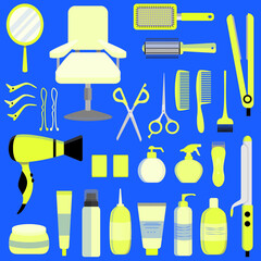 Yellow hair styling tools kit set isolated on blue background. Flat style accessories, shampoo, comb, hair curler, hairdryer, hair straightener, hairbrush, hairspray, mirror, hairpins ecc.