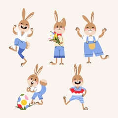 Cute bunny vector set with flower, egg and swim suit. Spring rabbit collection. Flat style animal character