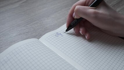 A woman hand writes her wish list with a pen in a notebook. Letter and notes. High quality FullHD footage