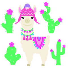 Cute llama vector cartoon illustration