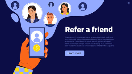 Refer a friend concept. Hands hold phone with contacts of friends