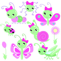 Fototapeta na wymiar Cute girly insects vector cartoon illustration